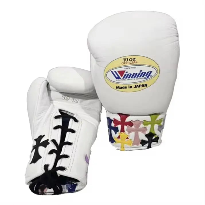 Winning boxing gloves white/multi chrome heart Style Japanese Logo front and back view custom name boxing training gloves
