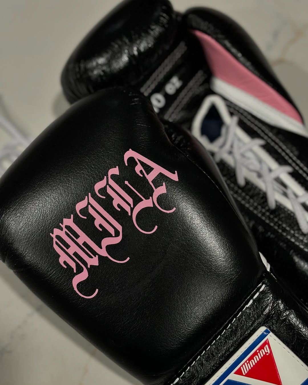 Winning Black/Pink Full View Leather Boxing Gloves Close Back