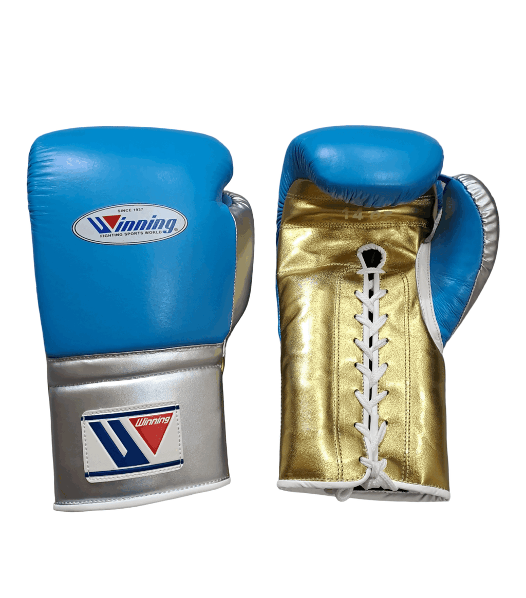 Winning Blue/Gold/Grey Boxing Gloves Premium Gym Training Pair Close View