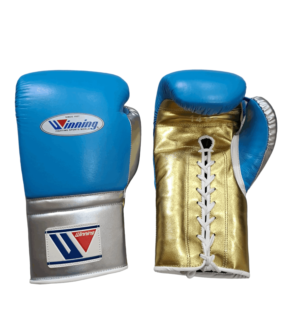 Winning Blue/Gold/Grey Boxing Gloves Premium Gym Training Pair Close View