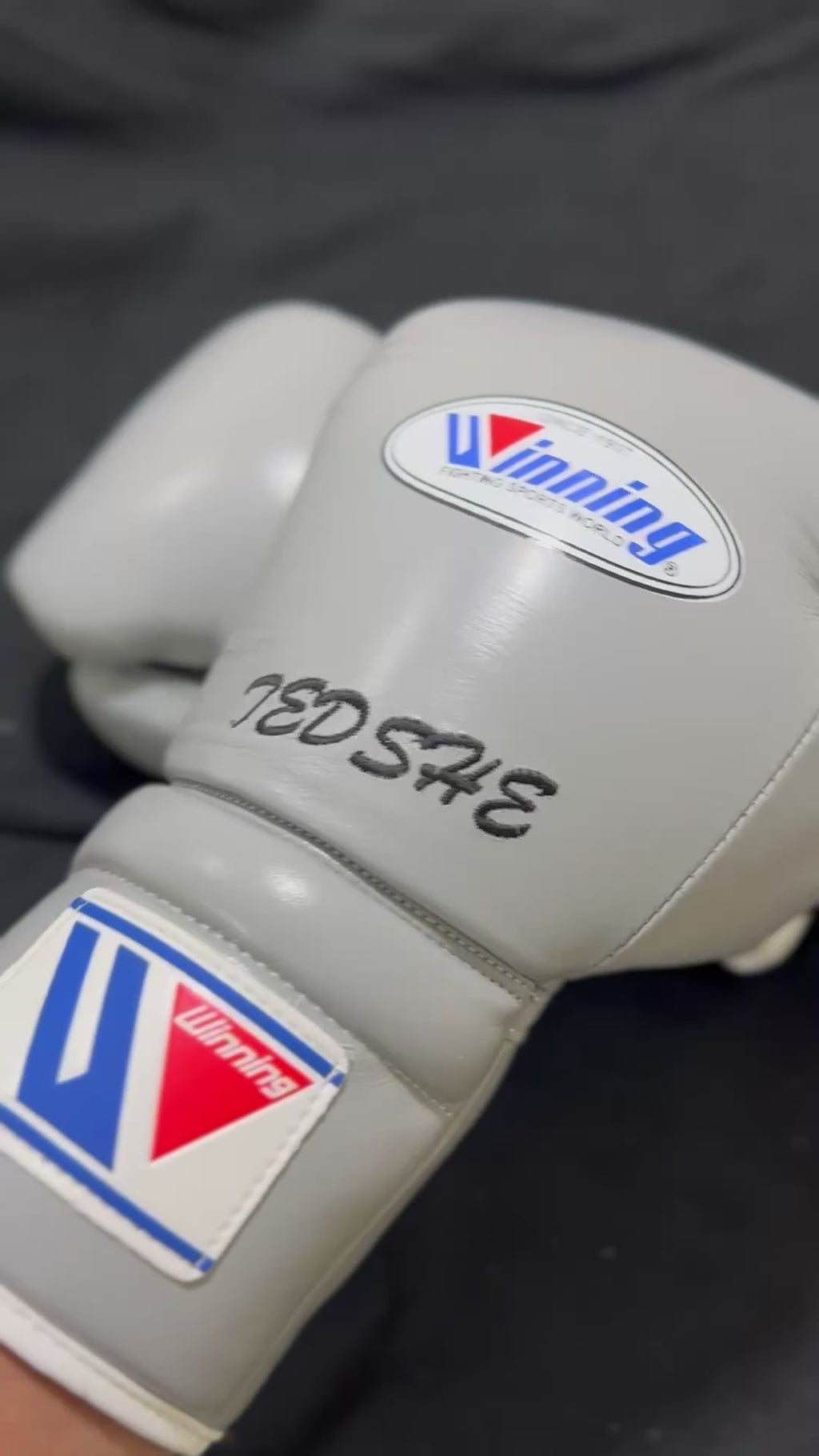 Winning Light-Grey Leather Boxing Gloves Close View