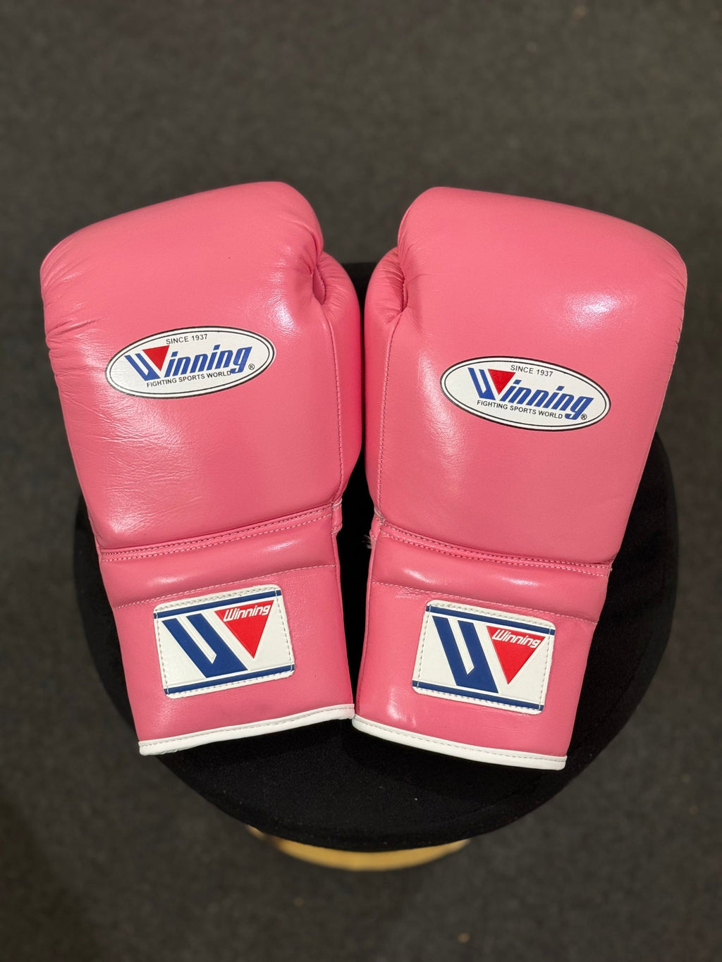 Winning Boxing Gloves Pink Lace Up Leather Gloves Back View