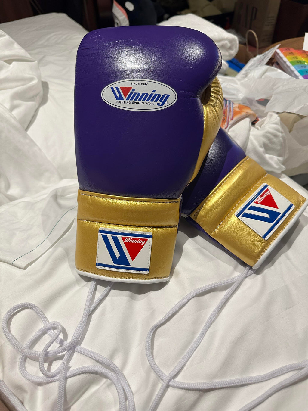 Winning Purple/Gold Boxing Gloves Premium Leather Training Pair Back View