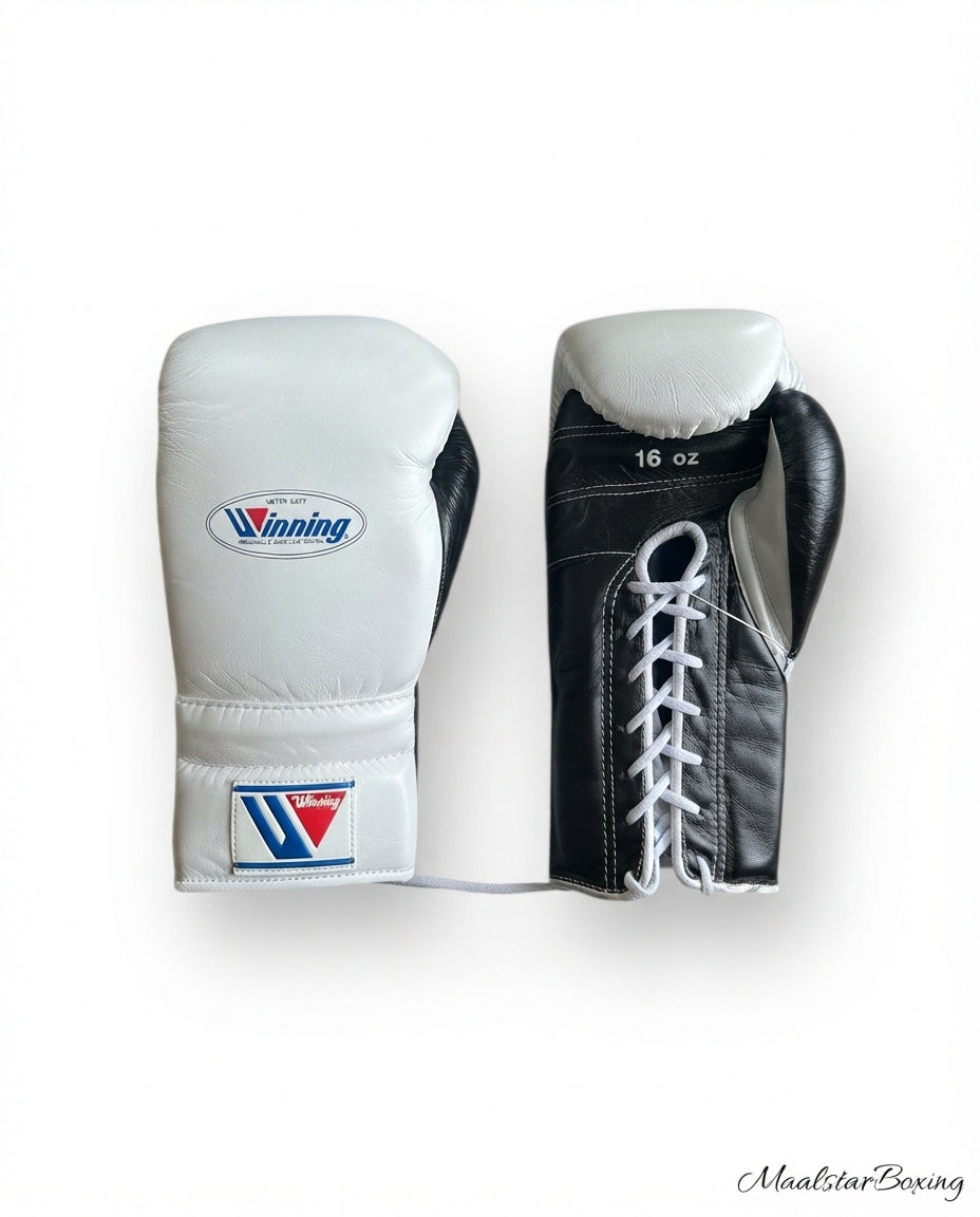 Winning Boxing Gloves White/Black Lace Up Gloves for Workout Sessions