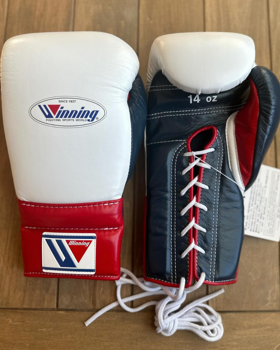 Winning Boxing Gloves White/Dark-Blue/Red 14oz Leather Training Gloves