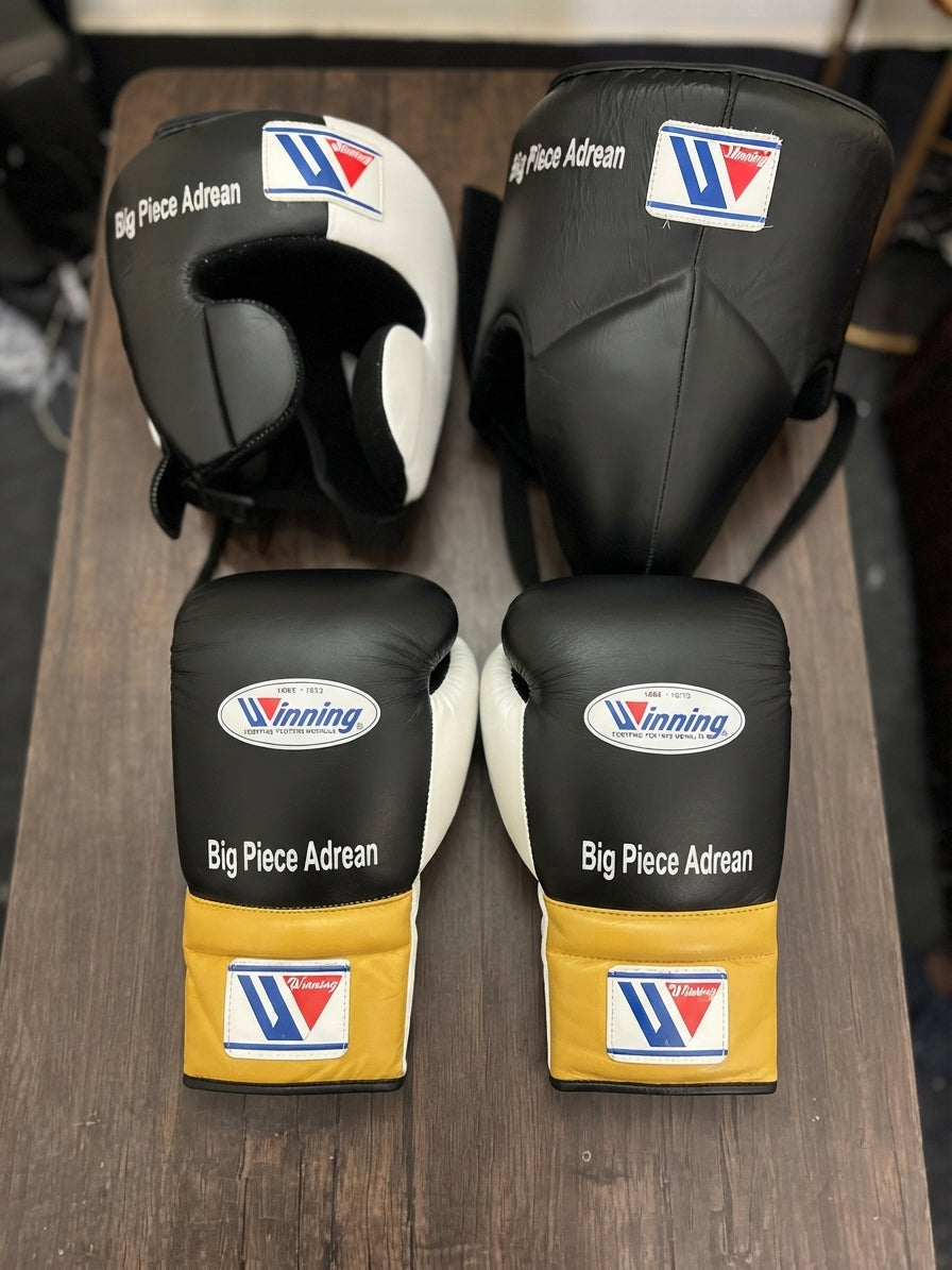 Winning Boxing Sets Black/White/Yellow Padded Gloves and Mitts for Daily Training