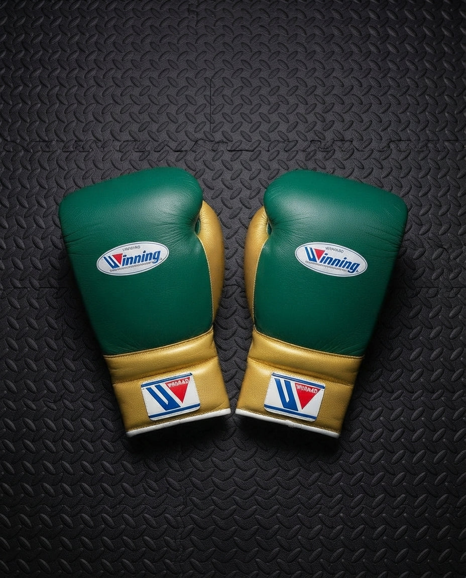 Winning Boxing Sets Green/Gold Curved Gloves