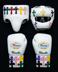 Winning Boxing Sets White Chrome Heart Style Leather Gloves and Mitts for Training