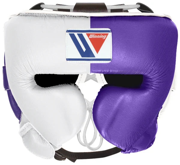 Winning White/Purple Full View Leather Headgear Training Protection