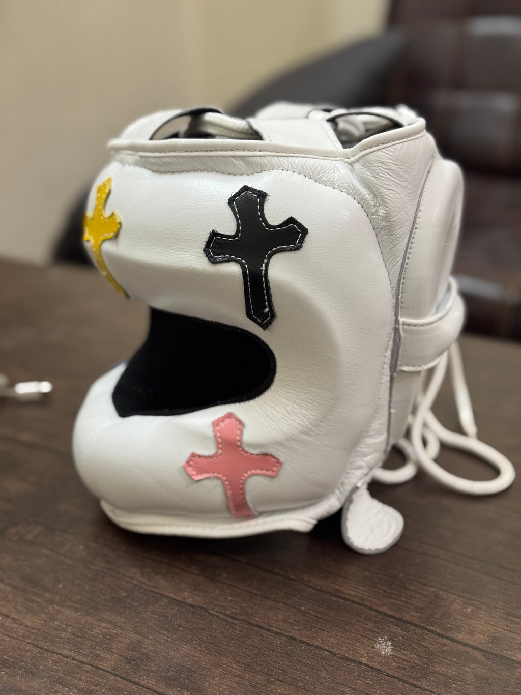 Winning White Chrome Heart Style Boxing Headgear Premium Sparring Protection Side View