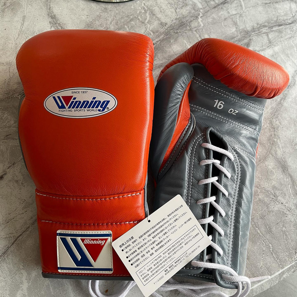 Winning Boxing Gloves Orange/Grey 14oz Training Gloves Front View