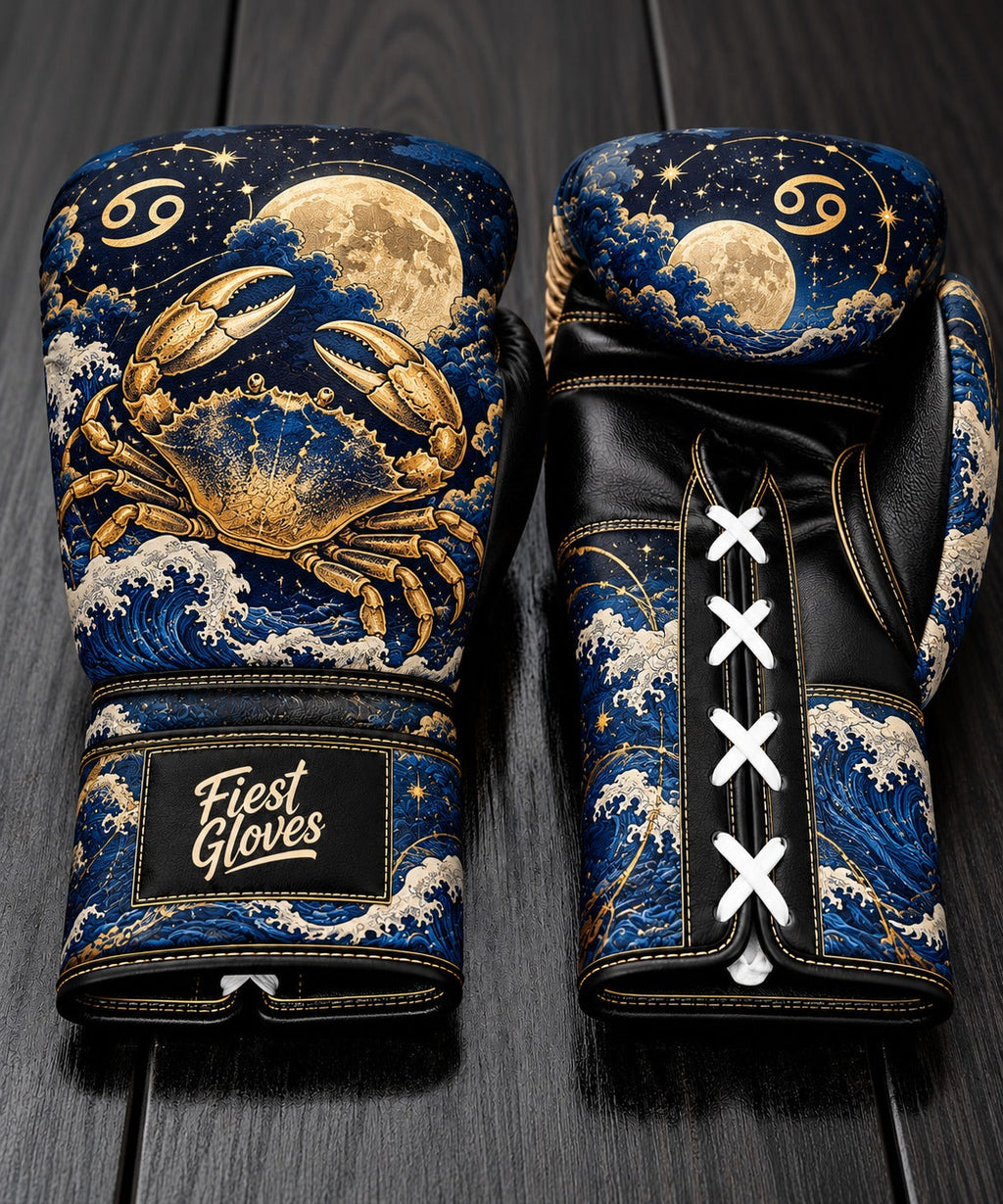 Fiest Gloves Cancer Zodiac edition custom boxing gloves with golden crab and celestial moon design.