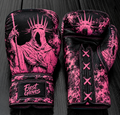 Fiest Gloves custom black and neon pink leather boxing gloves with a gritty dark fantasy crown-statue artwork design and lace-up closure.