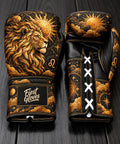 Fiest Gloves Leo Zodiac edition custom boxing gloves with golden lion and radiant sun design.