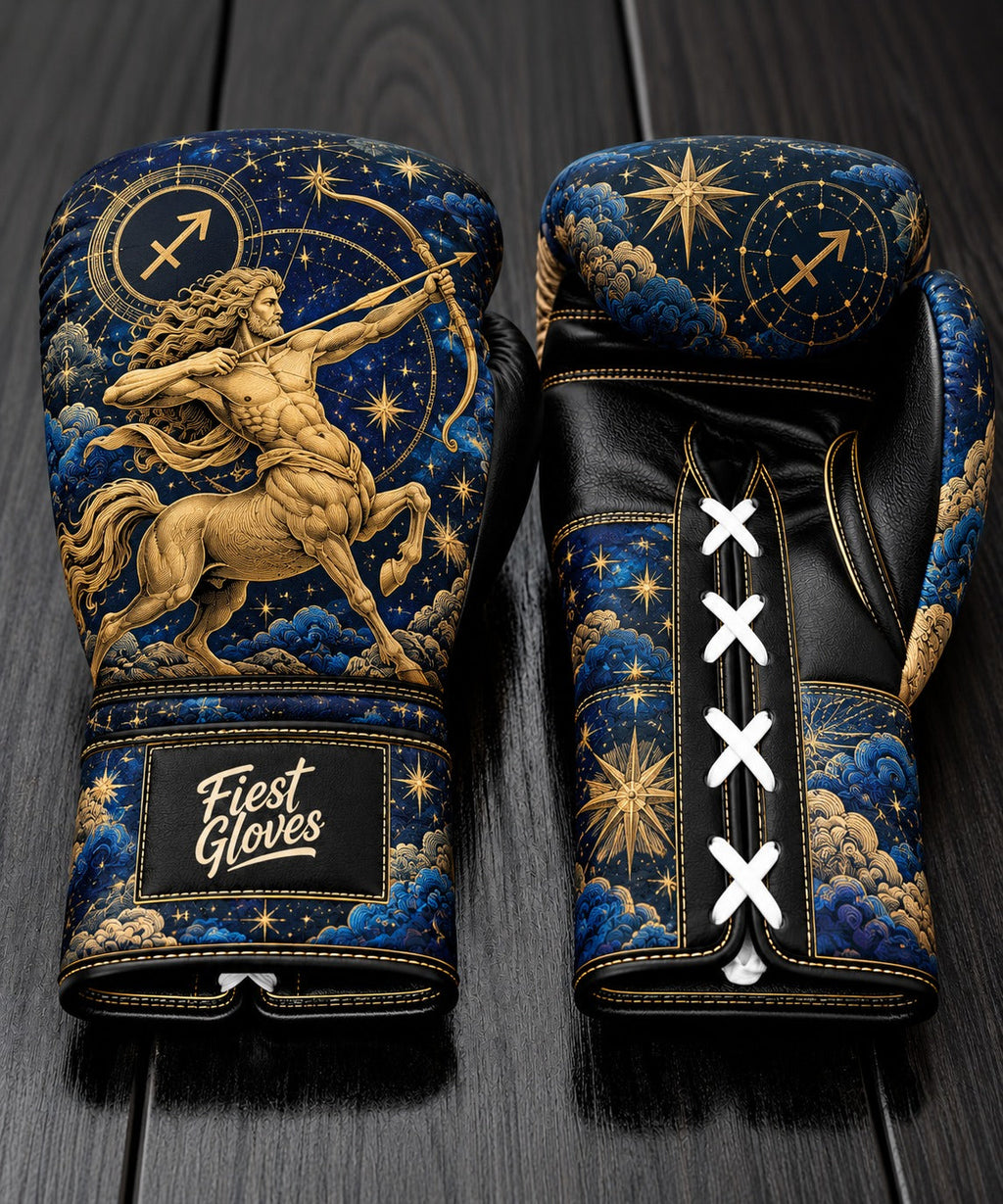 Fiest Gloves Sagittarius Zodiac edition custom boxing gloves with golden centaur archer design.
