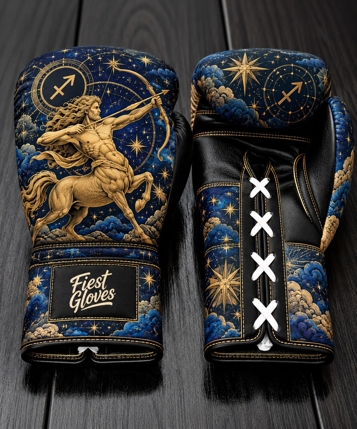 Fiest Gloves Sagittarius Zodiac edition custom boxing gloves with golden centaur archer design.