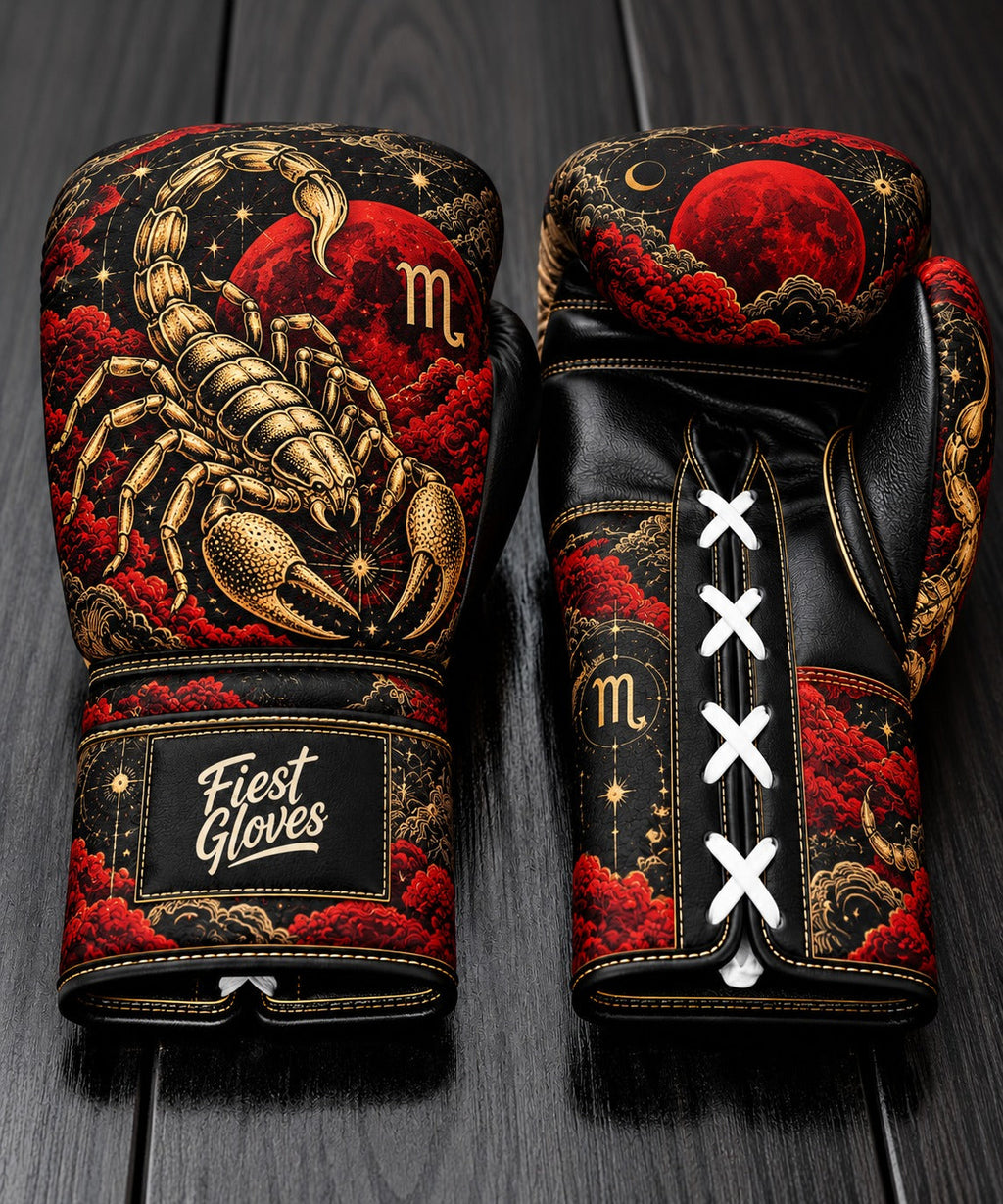 Fiest Gloves Scorpio Zodiac edition custom boxing gloves with golden scorpion and blood moon artwork.