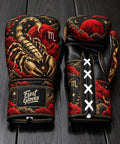 Fiest Gloves Scorpio Zodiac edition custom boxing gloves with golden scorpion and blood moon artwork.