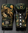 Fiest Gloves Taurus Zodiac edition custom boxing gloves with golden bull and floral celestial design.